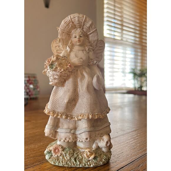 Vintage Garden Fairy Figurine w/ FLower Basket, Sun Hat and SMiling Turtle - Picture 2 of 6